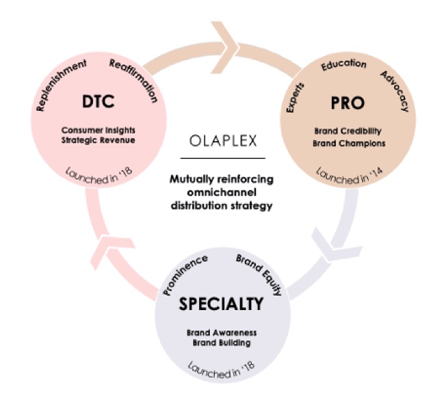 Snapshot describing Olaplex's synergistic omnichannel strategy for its three sales channels: Professional, Specialty Retail, and Direct-to-Consumer.