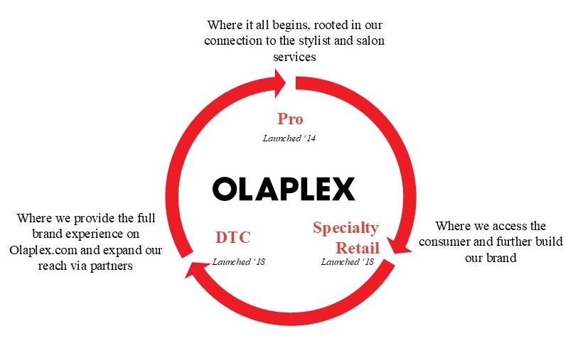 Diagram displaying Olaplex's three sales channels, professional, specialty retail, and direct-to-consumer (“DTC”)